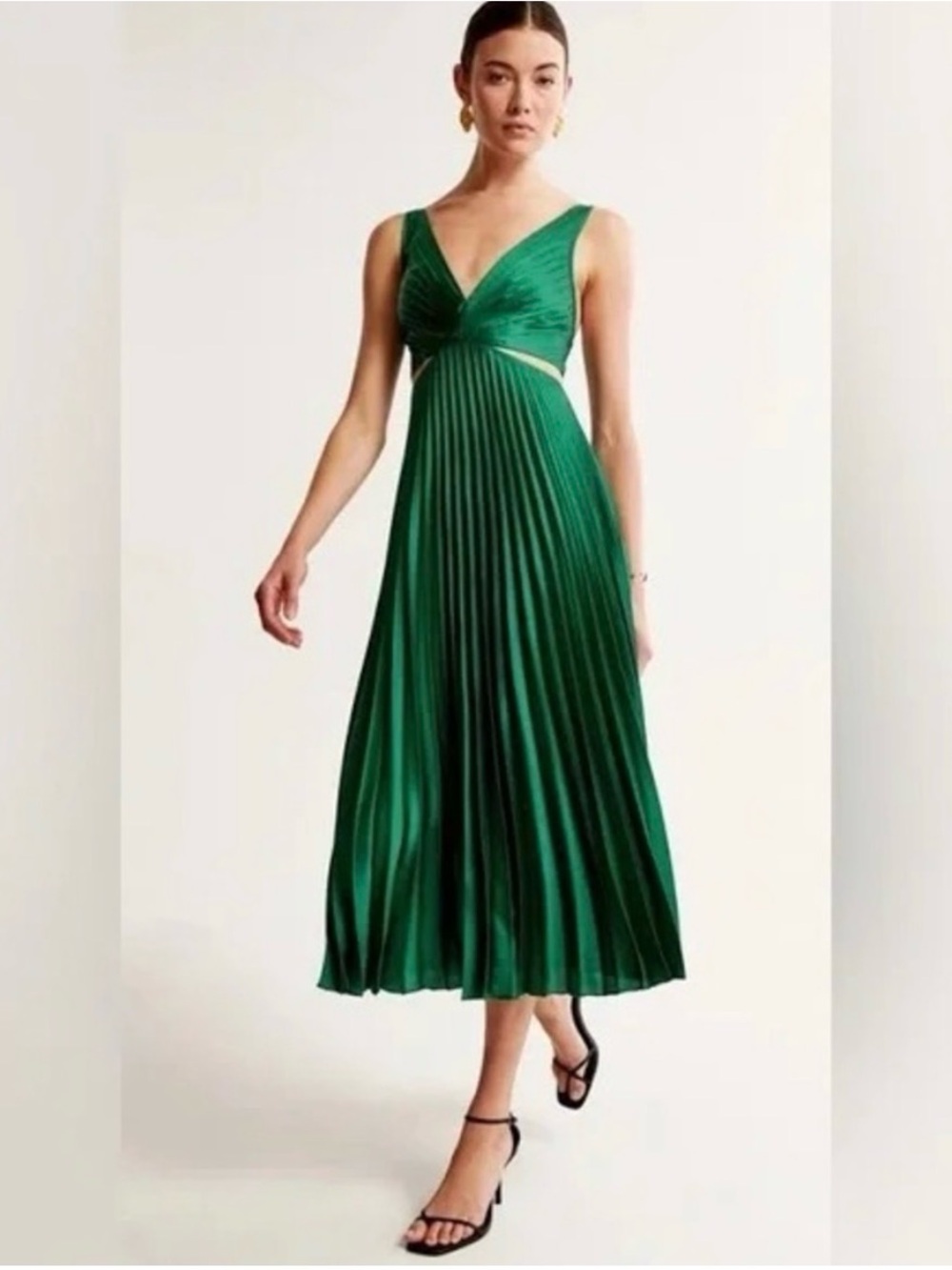 Abercrombie & Fitch Emerald Green Pleated V-Neck Midi Dress